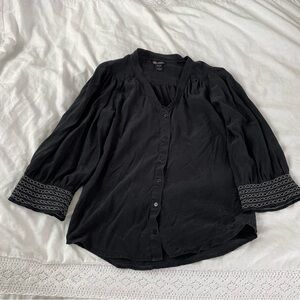 Ella Moss SMALL 100% Silk Black Blouse Smocked cuff Top peasant